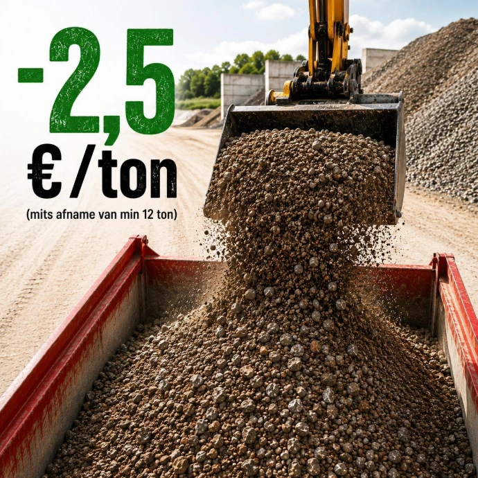 Menggranulaat 0/40 afhalen bij Devogelaere Recyclage. Ontvang € 2,50 per ton bij afhaling vanaf 12 ton. Actie voor aannemers en particulieren.